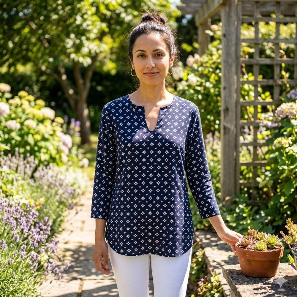 Lauren Ralph Lauren Blouse Women's Petite Medium Blue White Pullover Long Sleeve